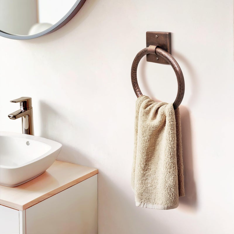 Monarch Abode Bathroom Towel Holder â€“ 7-Inch Round Antique Copper Bathroom Hand Towel Holder for Bathrooms Wall, Metal Hand Hammered Towels Ring Wall Mount, Traditional Surface-Mounted Ring Hanger - Image 3